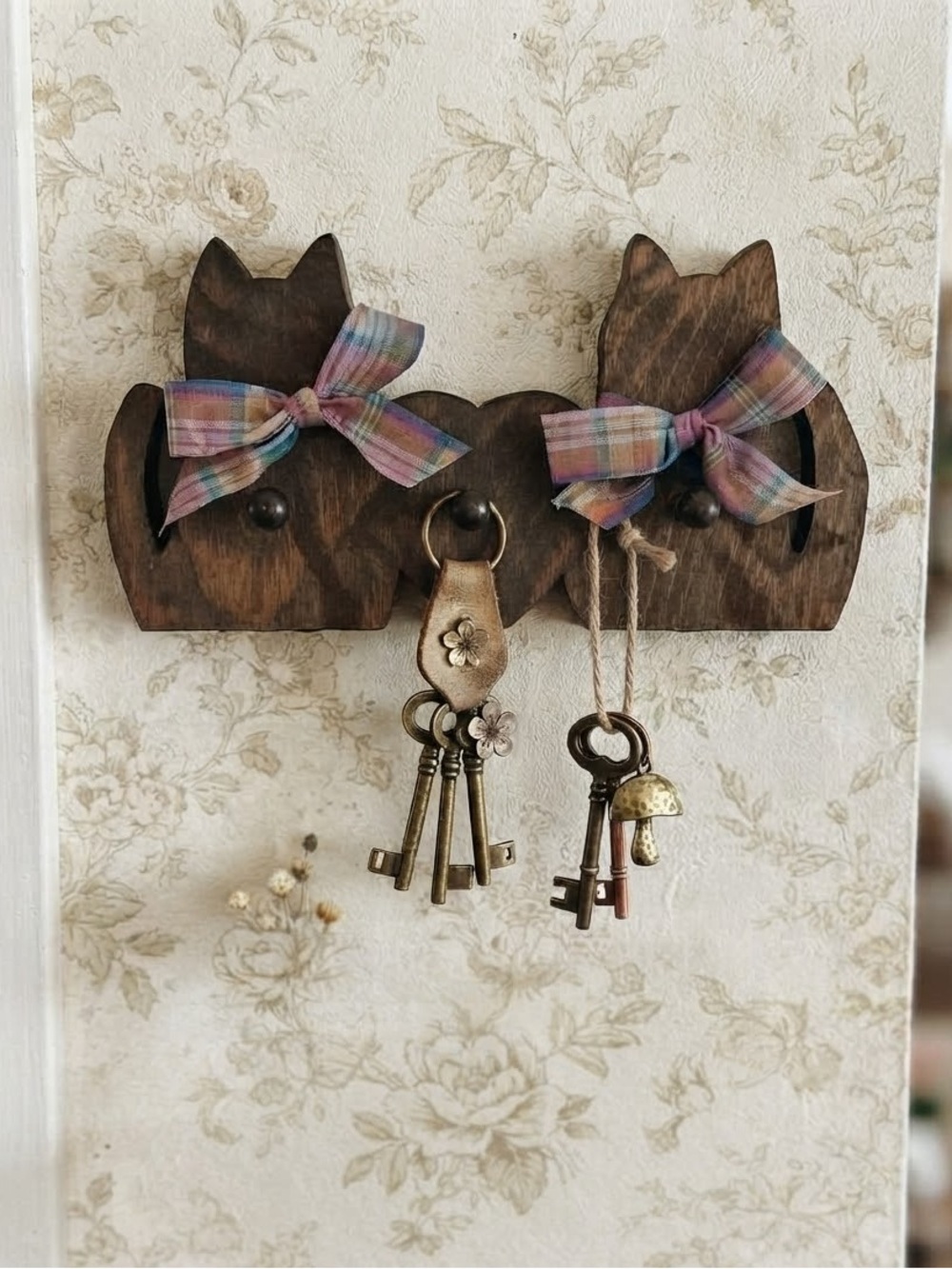 VTG Wooden Kitty Cat/Heart Key Holder Rack with 3 Shaker Pegs-Folk Art Peg Rack